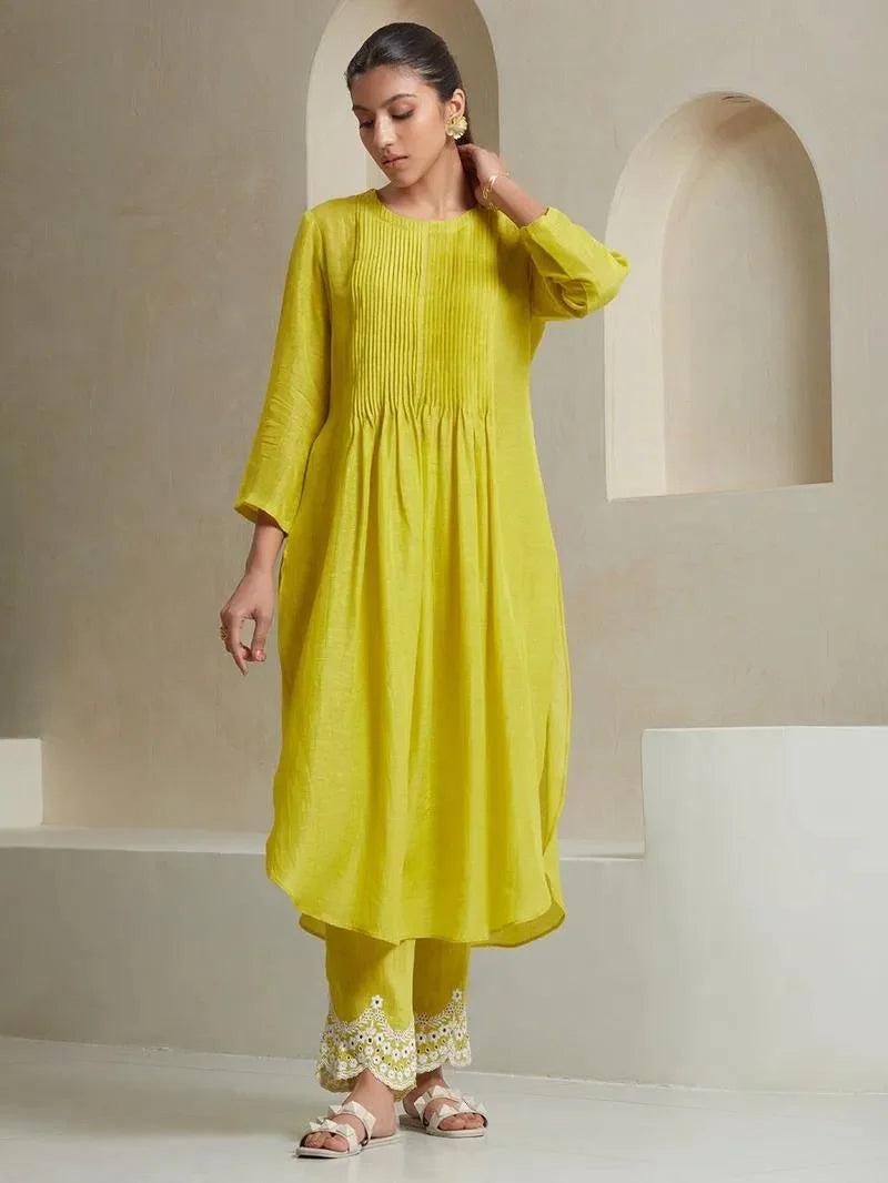 Lemon Yellow Embroidered Cotton Kurta and Pant Set with Dupatta