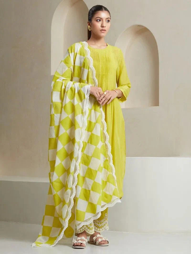 Lemon Yellow Embroidered Cotton Kurta and Pant Set with Dupatta