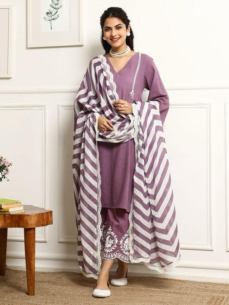 Light Mauve Embroidered Cotton Kurta and Pant Set with Dupatta