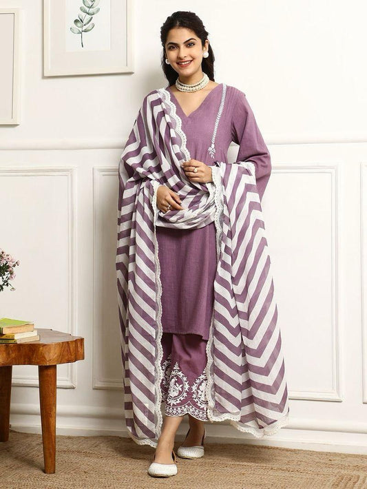 Light Mauve Embroidered Cotton Kurta and Pant Set with Dupatta