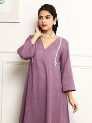 Light Mauve Embroidered Cotton Kurta and Pant Set with Dupatta