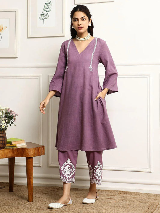 Light Mauve Embroidered Cotton Kurta and Pant Set with Dupatta