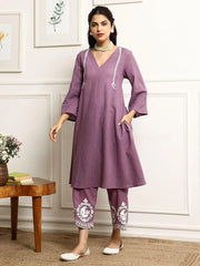 Light Mauve Embroidered Cotton Kurta and Pant Set with Dupatta