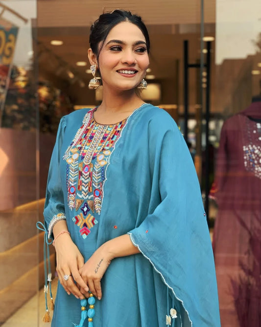 Sky Blue Embroidered Chanderi Kurta and Pant Set with Dupatta