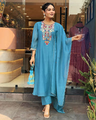 Sky Blue Embroidered Chanderi Kurta and Pant Set with Dupatta