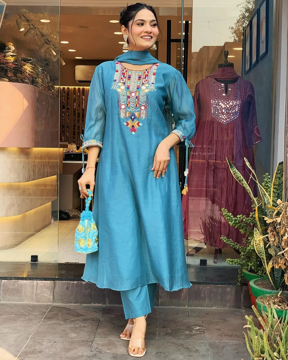 Sky Blue Embroidered Chanderi Kurta and Pant Set with Dupatta