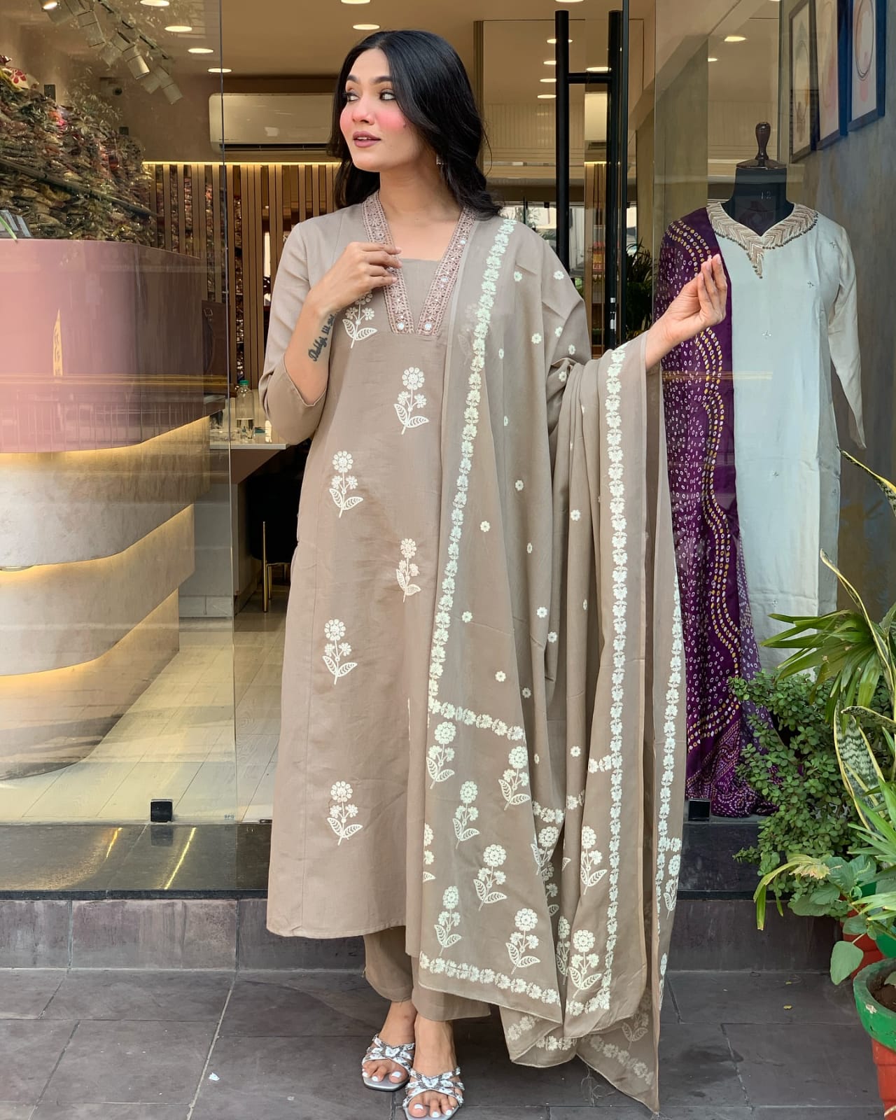 Subtle Elegance Taupe Floral Embroidered Kurta Set