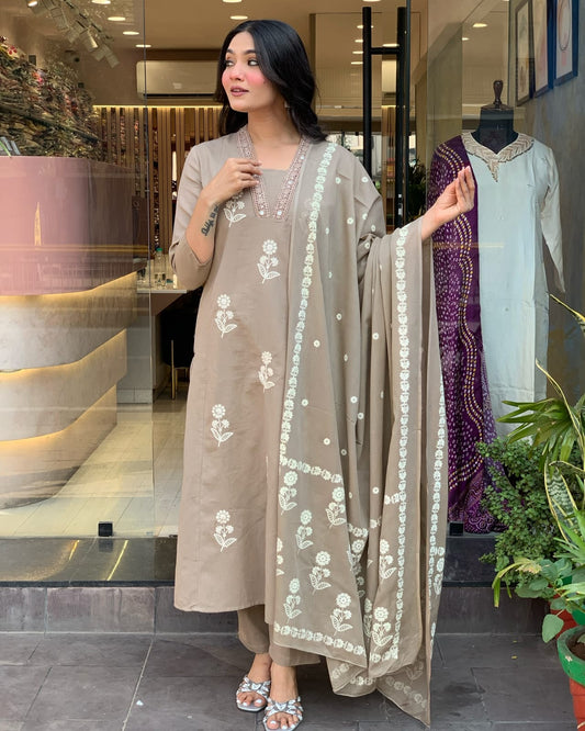 Subtle Elegance Taupe Floral Embroidered Kurta Set
