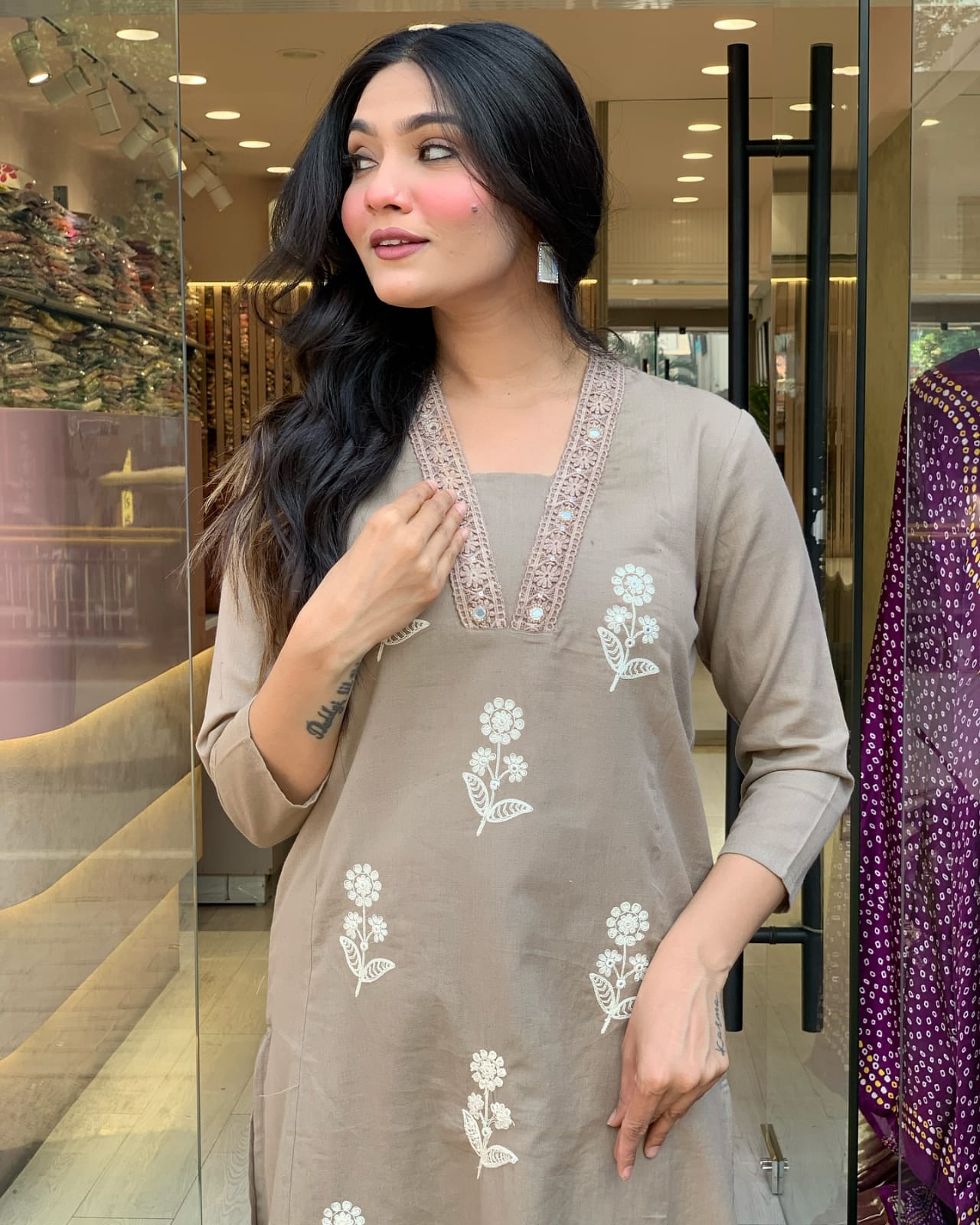Subtle Elegance Taupe Floral Embroidered Kurta Set