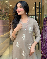 Subtle Elegance Taupe Floral Embroidered Kurta Set