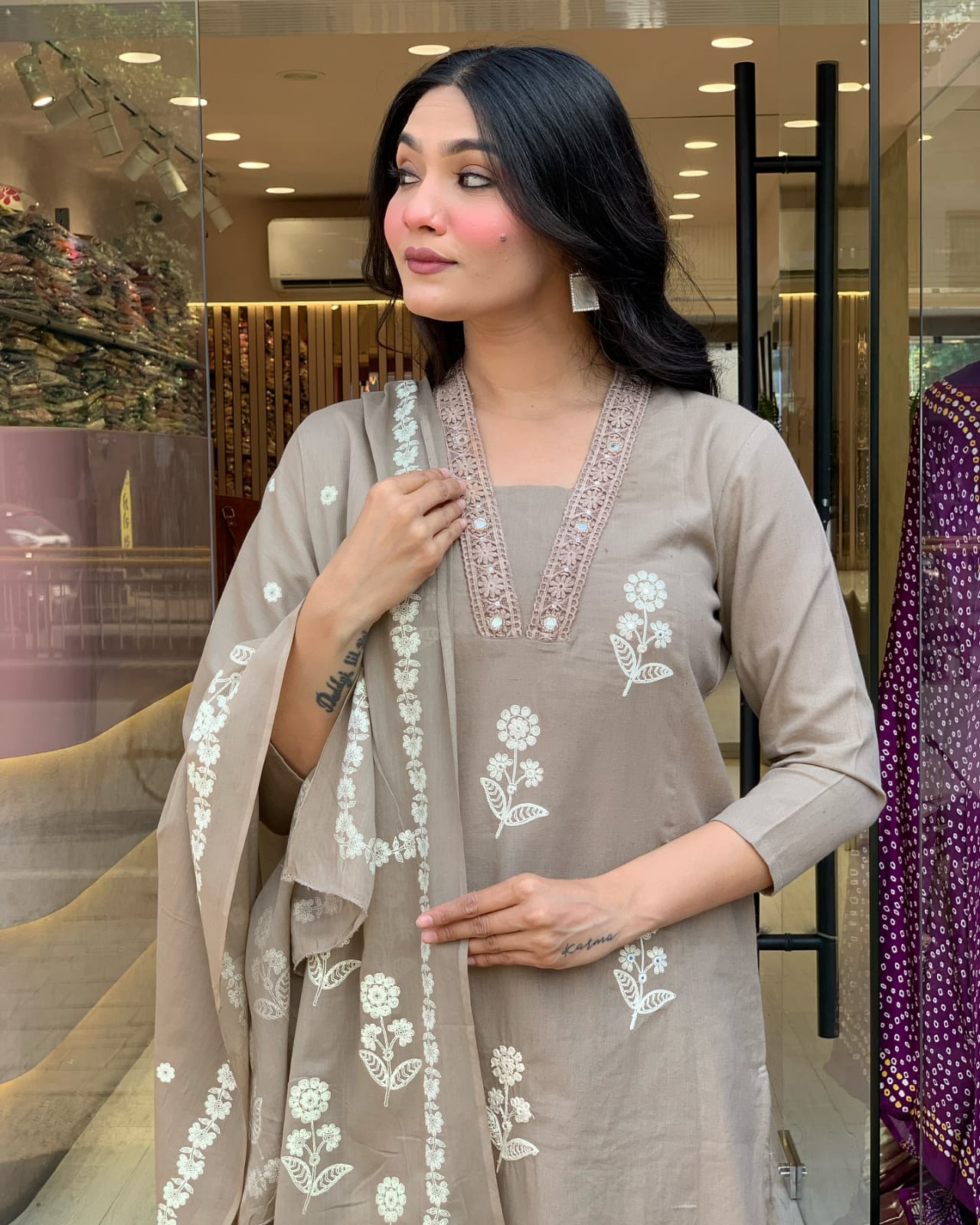 Subtle Elegance Taupe Floral Embroidered Kurta Set