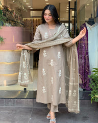 Subtle Elegance Taupe Floral Embroidered Kurta Set