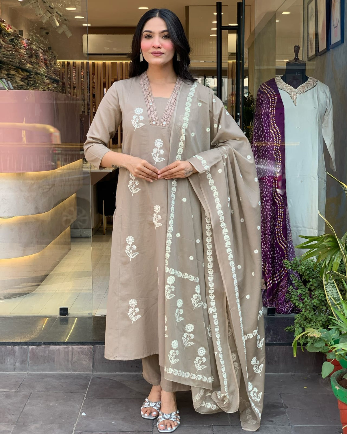 Subtle Elegance Taupe Floral Embroidered Kurta Set
