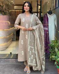 Subtle Elegance Taupe Floral Embroidered Kurta Set