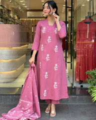 Elegant Rose Pink Floral Embroidered Kurta Set