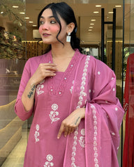 Elegant Rose Pink Floral Embroidered Kurta Set