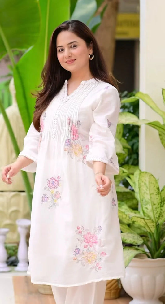 Off White Embroidered A-Line Kurta and Pant Set