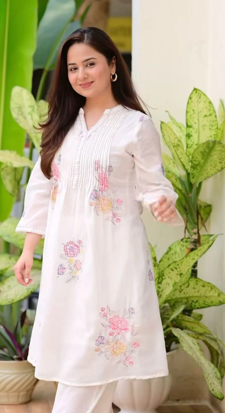 Off White Embroidered A-Line Kurta and Pant Set