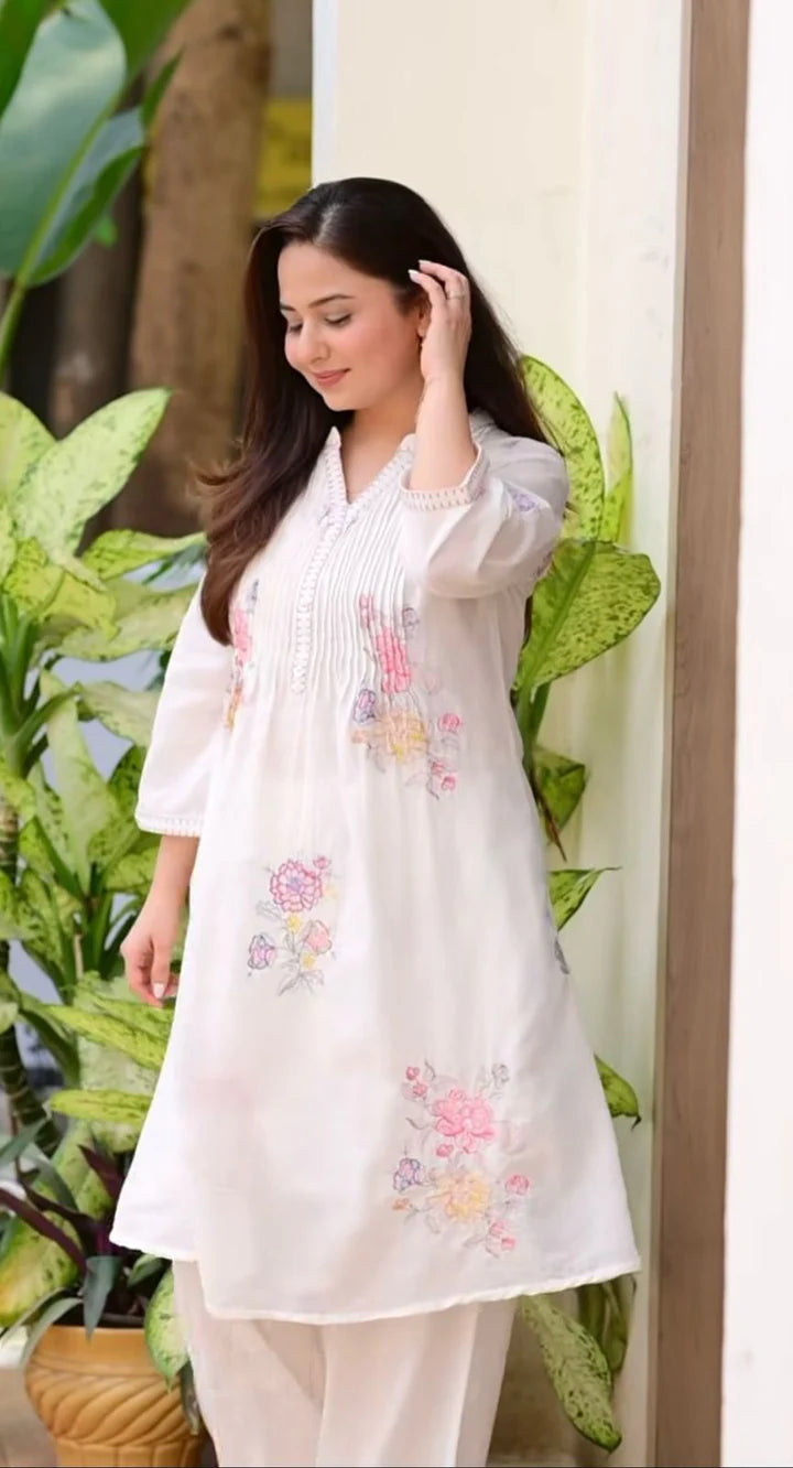 Off White Embroidered A-Line Kurta and Pant Set