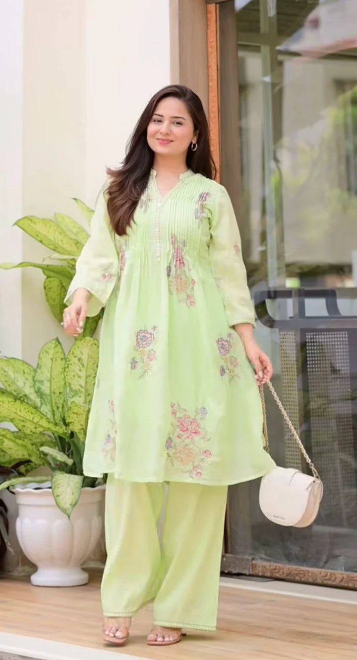 Pastel Green Embroidered A-Line Kurta and Pant Set