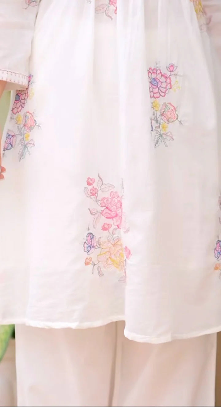 Off White Embroidered A-Line Kurta and Pant Set