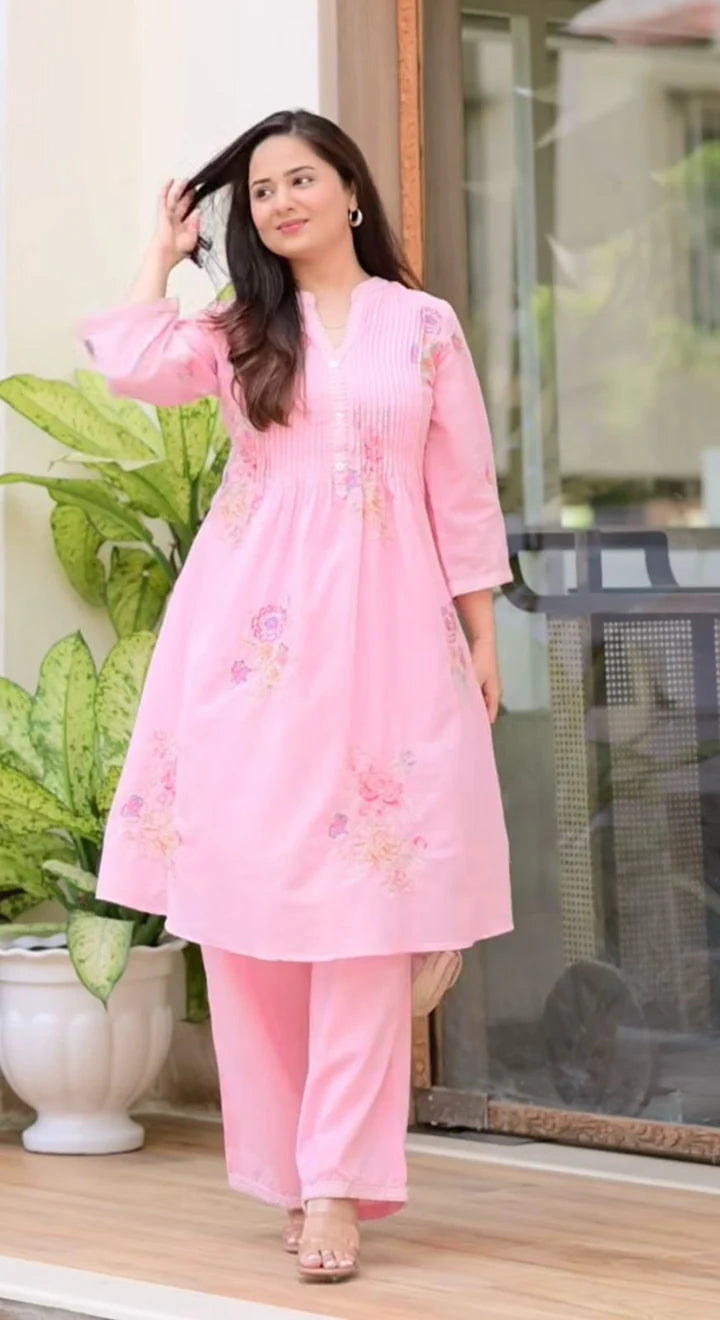 Light Pink Embroidered A-Line Kurta and Pant Set