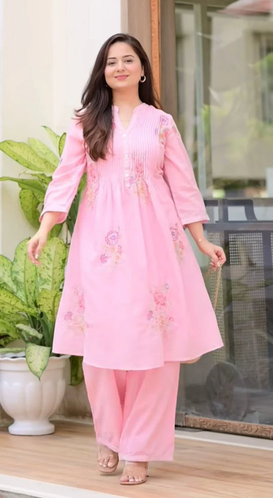 Light Pink Embroidered A-Line Kurta and Pant Set
