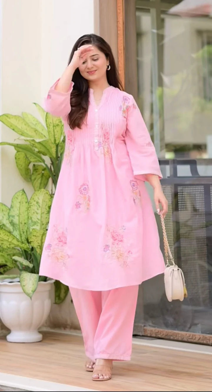 Light Pink Embroidered A-Line Kurta and Pant Set