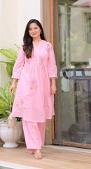Light Pink Embroidered A-Line Kurta and Pant Set