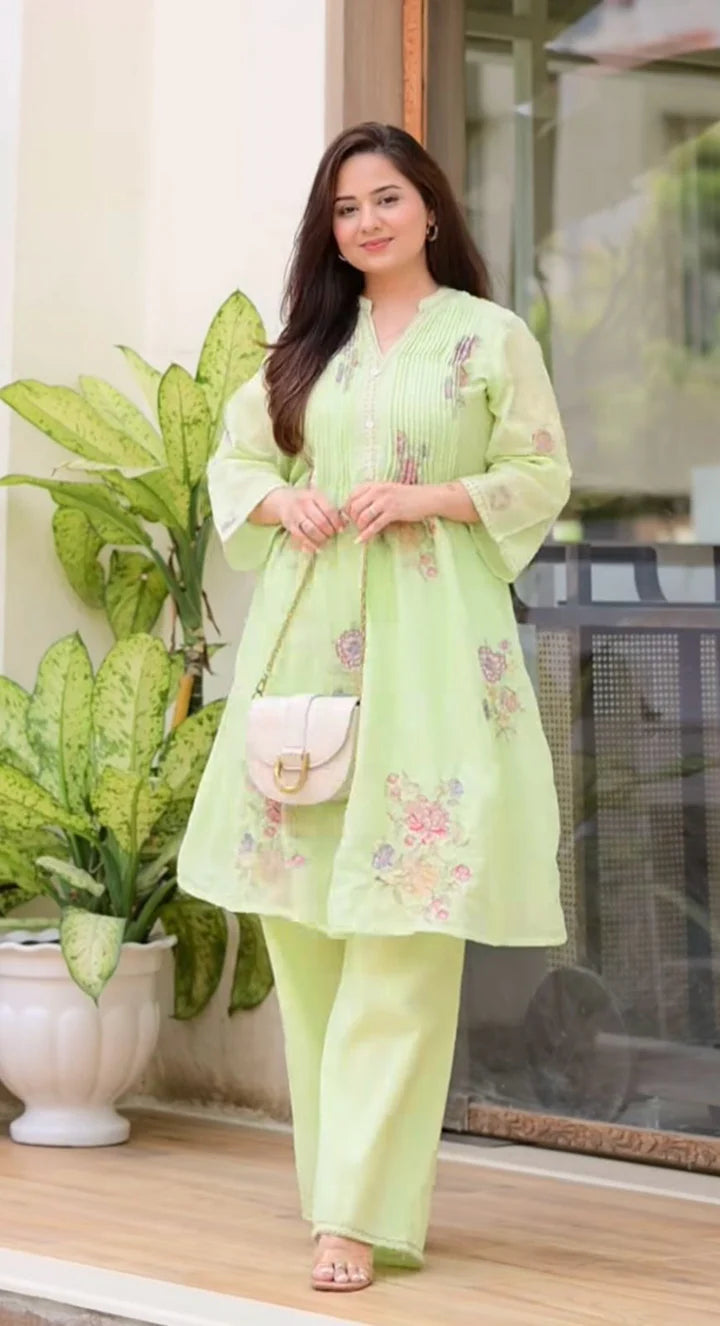 Pastel Green Embroidered A-Line Kurta and Pant Set