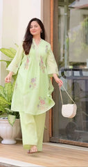 Pastel Green Embroidered A-Line Kurta and Pant Set