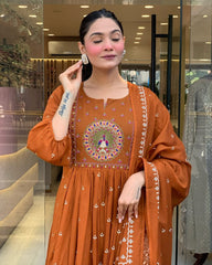 Rust Brown Floor-Length Anarkali Suit with Embroidery and Dupatta