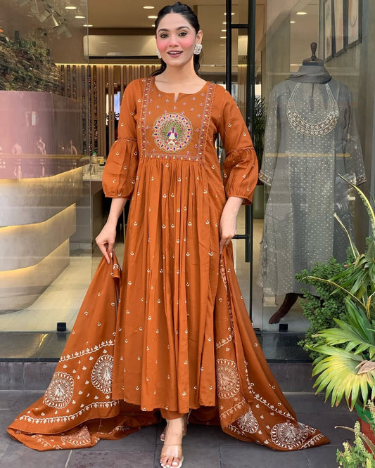 Rust Brown Floor-Length Anarkali Suit with Embroidery and Dupatta