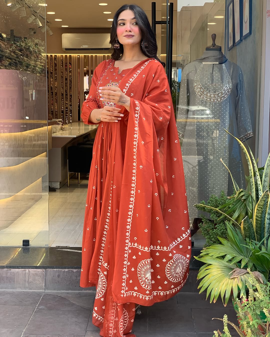 Rust Orange Embroidered Anarkali Suit with Dupatta for Women