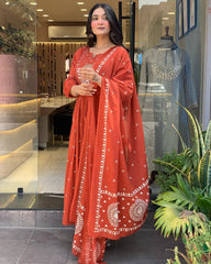 Rust Orange Embroidered Anarkali Suit with Dupatta for Women
