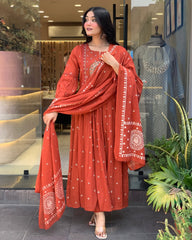 Rust Orange Embroidered Anarkali Suit with Dupatta for Women