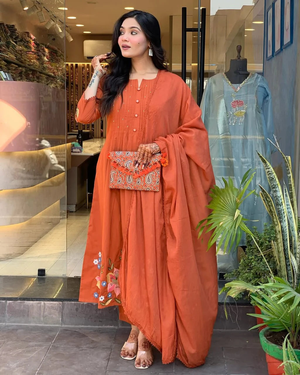 Orange Cotton Embroidery Kurta Pant with Mulmul Dupatta Set
