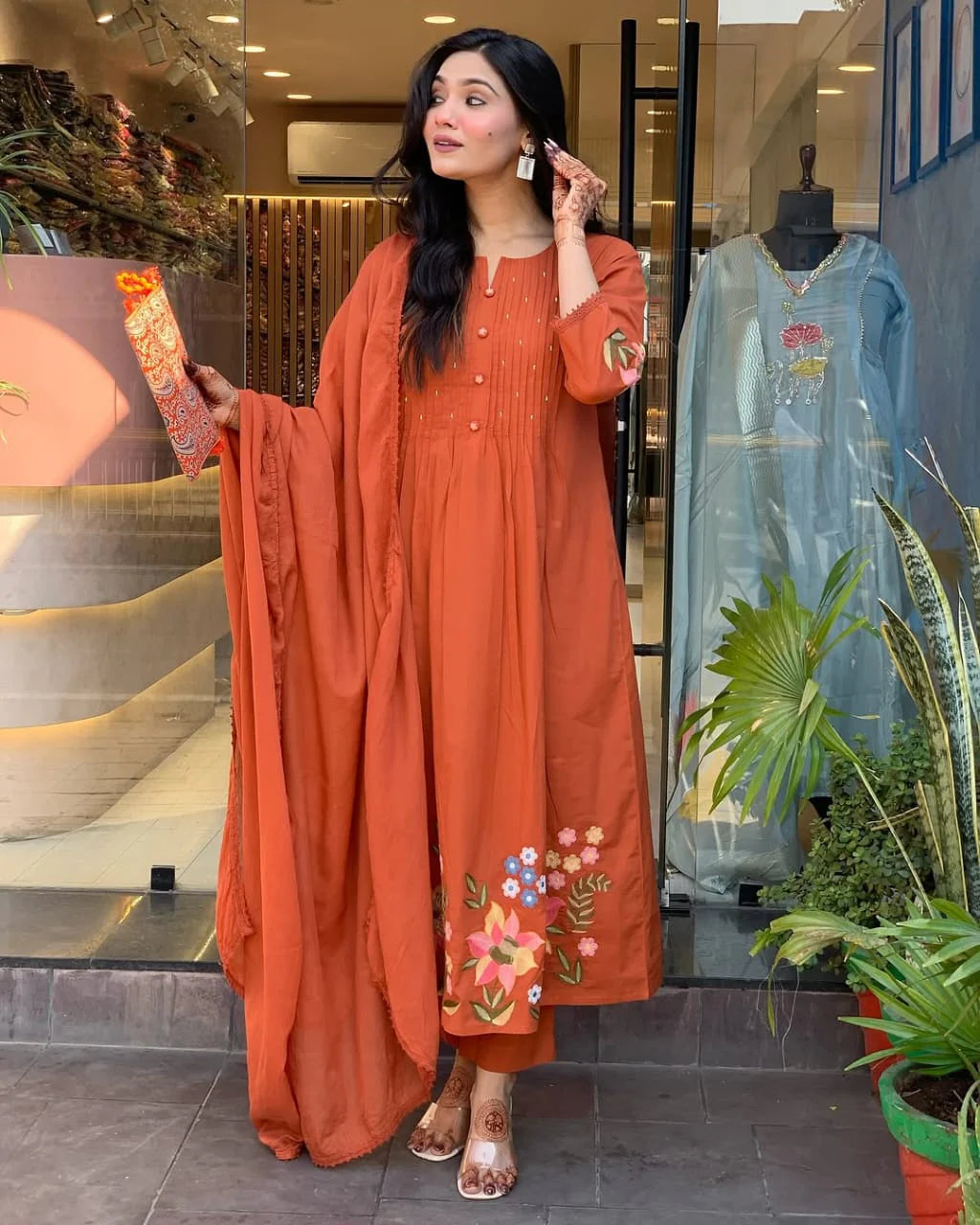 Orange Cotton Embroidery Kurta Pant with Mulmul Dupatta Set