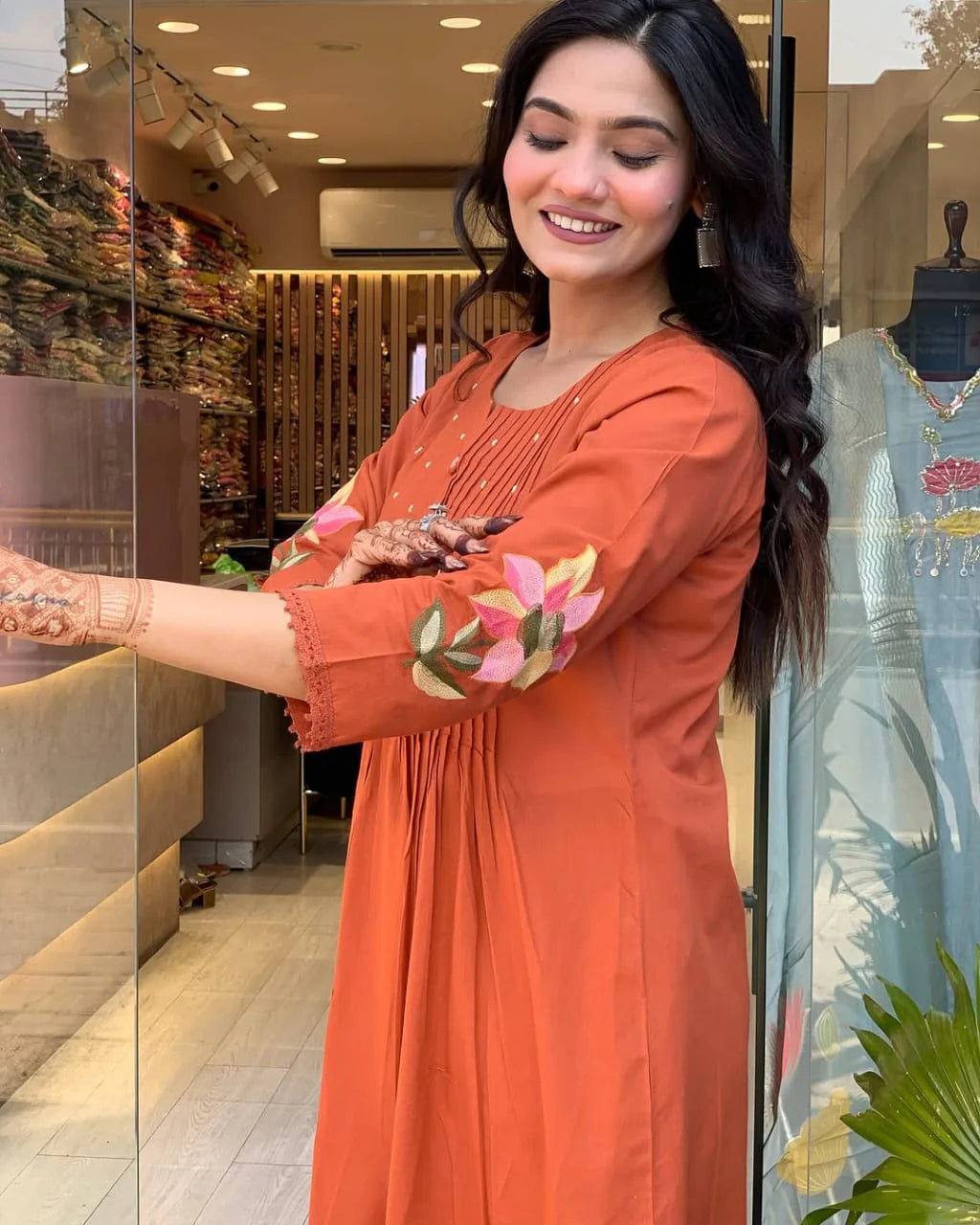 Orange Cotton Embroidery Kurta Pant with Mulmul Dupatta Set