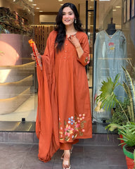Orange Cotton Embroidery Kurta Pant with Mulmul Dupatta Set