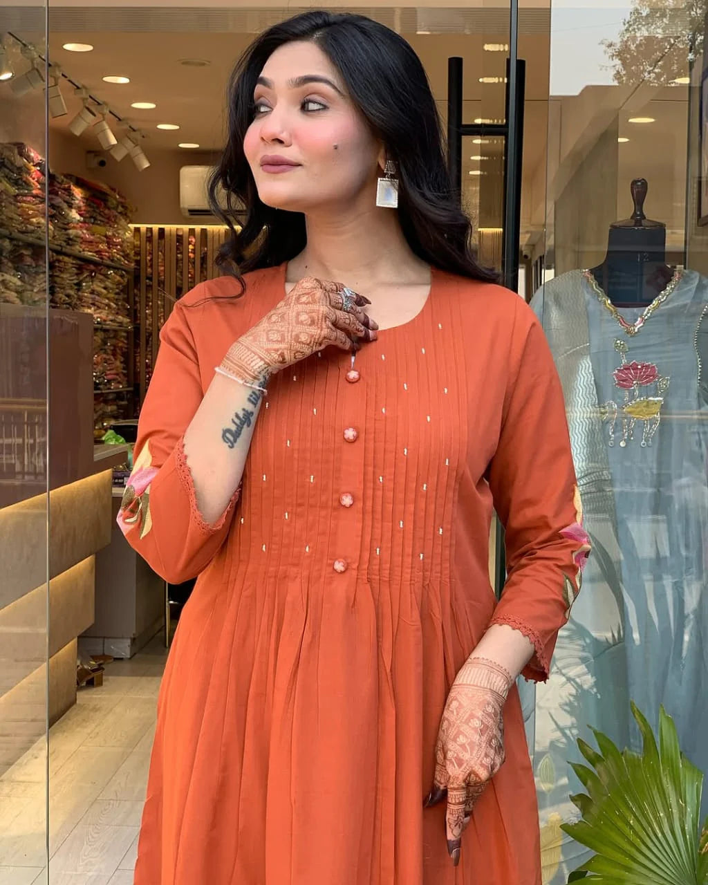 Orange Cotton Embroidery Kurta Pant with Mulmul Dupatta Set