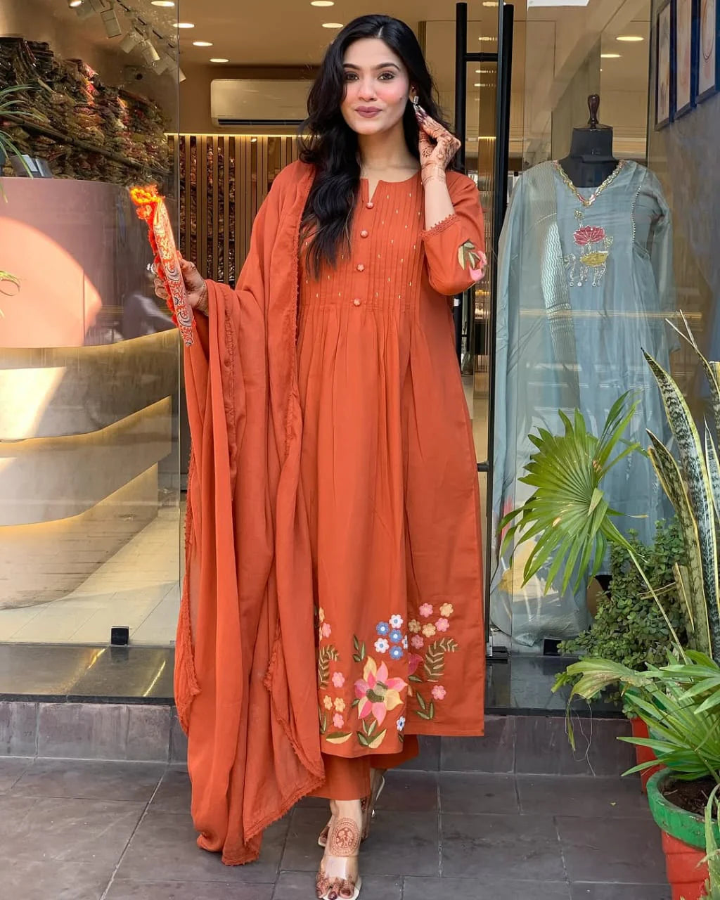 Orange Cotton Embroidery Kurta Pant with Mulmul Dupatta Set