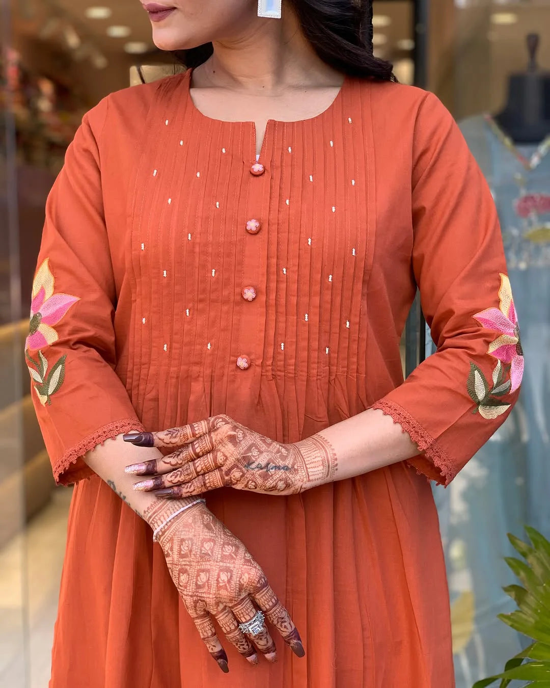 Orange Cotton Embroidery Kurta Pant with Mulmul Dupatta Set