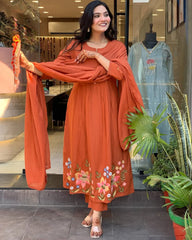 Orange Cotton Embroidery Kurta Pant with Mulmul Dupatta Set