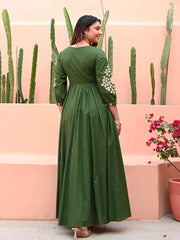 Green Hand Embroidered Cotton Anarkali Gown