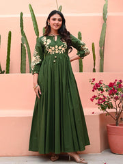 Green Hand Embroidered Cotton Anarkali Gown