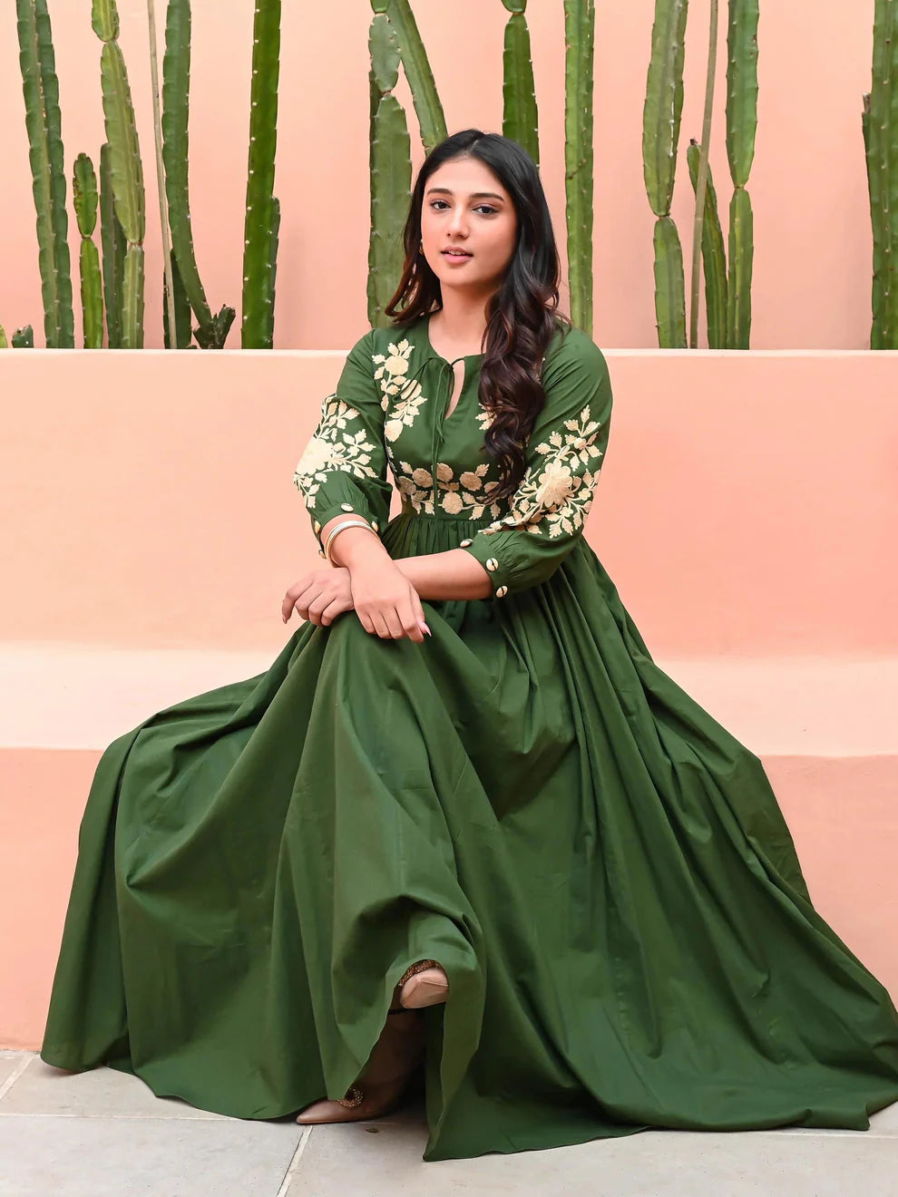 Green Hand Embroidered Cotton Anarkali Gown