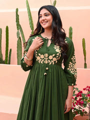 Green Hand Embroidered Cotton Anarkali Gown