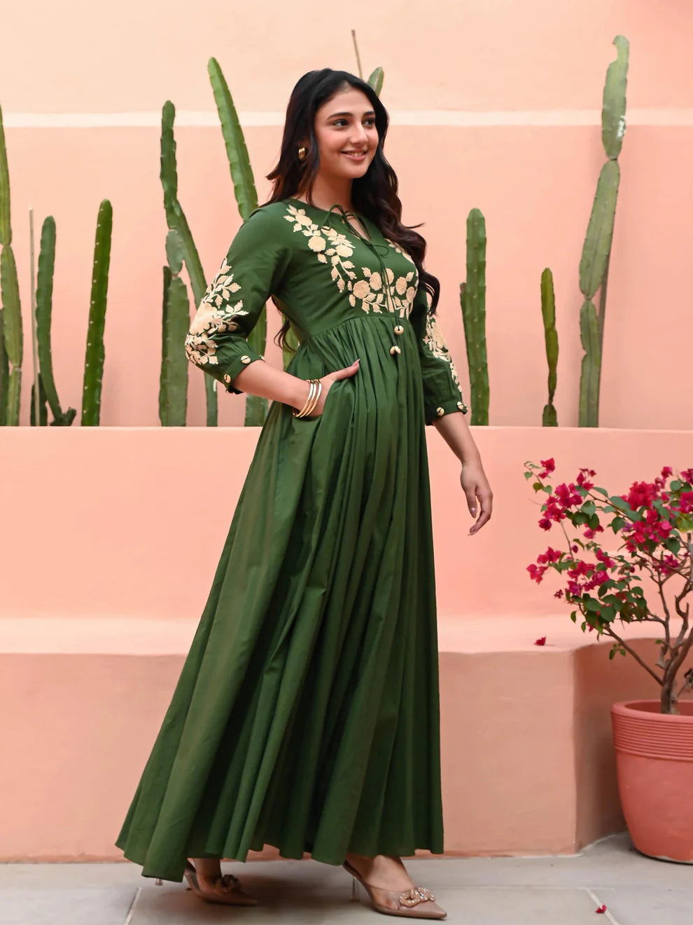 Green Hand Embroidered Cotton Anarkali Gown