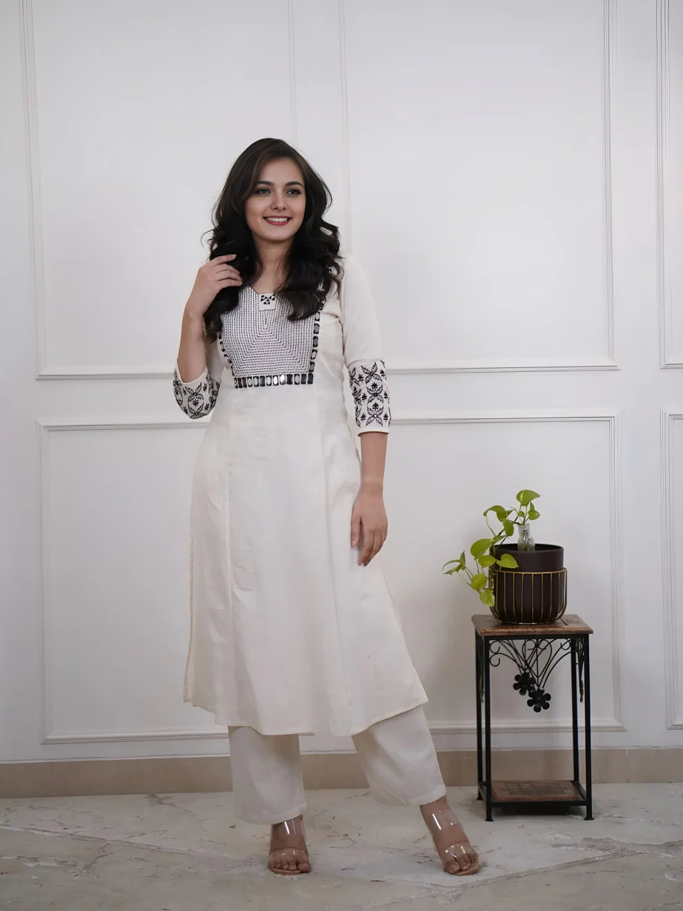 Off White Embroidered Cotton Kurta and Pant Set
